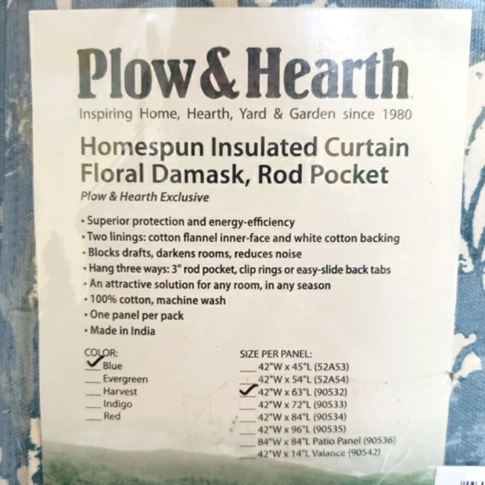 Plow & Hearth Homespun Insulated Curtain Floral Damask Rod-Pocket 42